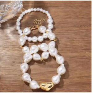 Three Piece Faux Pearl and Gold Tone Bracelet Set - New